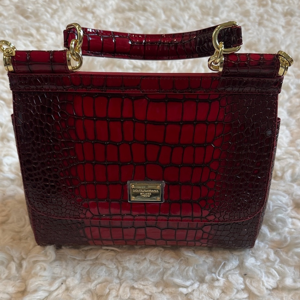 Dolce & Gabbana Burgundy Croc-Embossed Satchel
